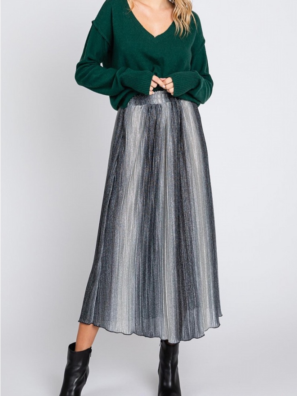 Metallic Pleated Midi Skirt in Silver and Gray